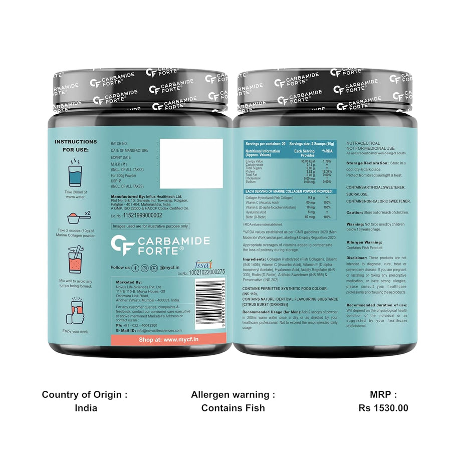 Carbamide Forte Marine Collagen Supplements for Skin & Hair | Marine Collagen Powder for Women & Men | Marine Collagen Supplements for Skin & Bone Health Support - Hydrolyzed Marine Collagen Peptides - 200g