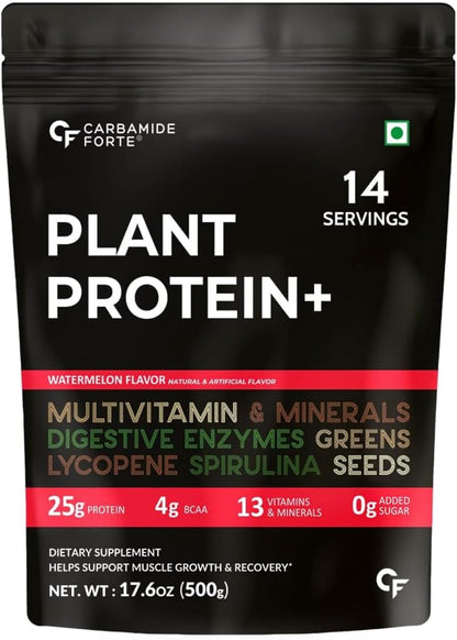 Carbamide Forte Vegan Protein Powder - Plant Based Pea Protein Powder with Multivitamin, Minerals, Superfoods, Digestive Enzymes - Watermelon Flavour - 500 Grams, 1 Scoop