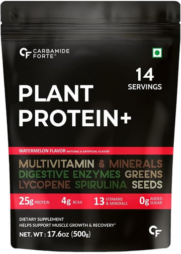 Carbamide Forte Plant Protein Powder - Plant Based Pea Protein Powder with Multivitamin, Minerals, Superfoods, Digestive Enzymes - Watermelon Flavour - 500g