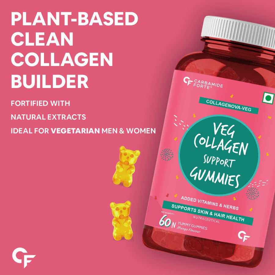 Carbamide Forte Veg Collagen Support Gummies| Collagen Supplements for Women & Men for Skin & Hair - Mango Flavour - 60 Gummies