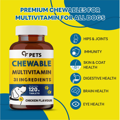 CF Pets Chewable Multivitamin Tablets for Dogs with 23 Essential Vitamins & Minerals for Healthy Skin, Heart, Brain, Digestive System & Joint Function | Chicken Flavour - 120 Tablets