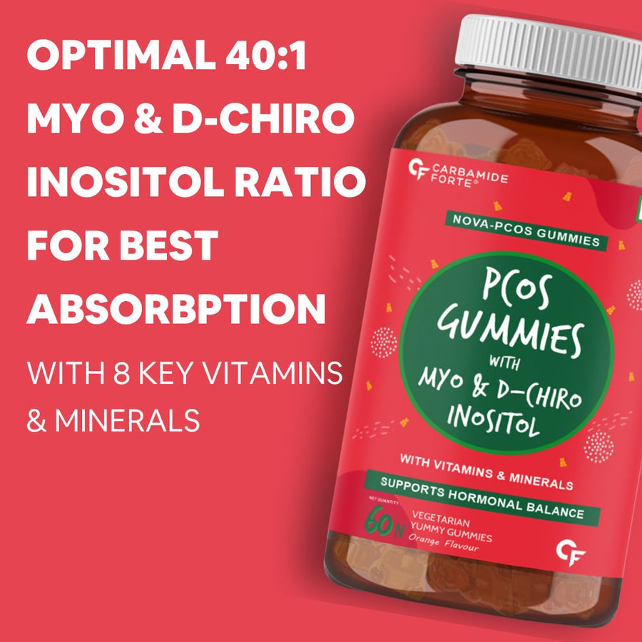 Carbamide Forte PCOS Supplements for Women with 40:1 Ratio of Myo & D Chiro Inositol Fortified with PCOS Vitamins & Minerals - Orange Flavour - 60 Veg Gummies
