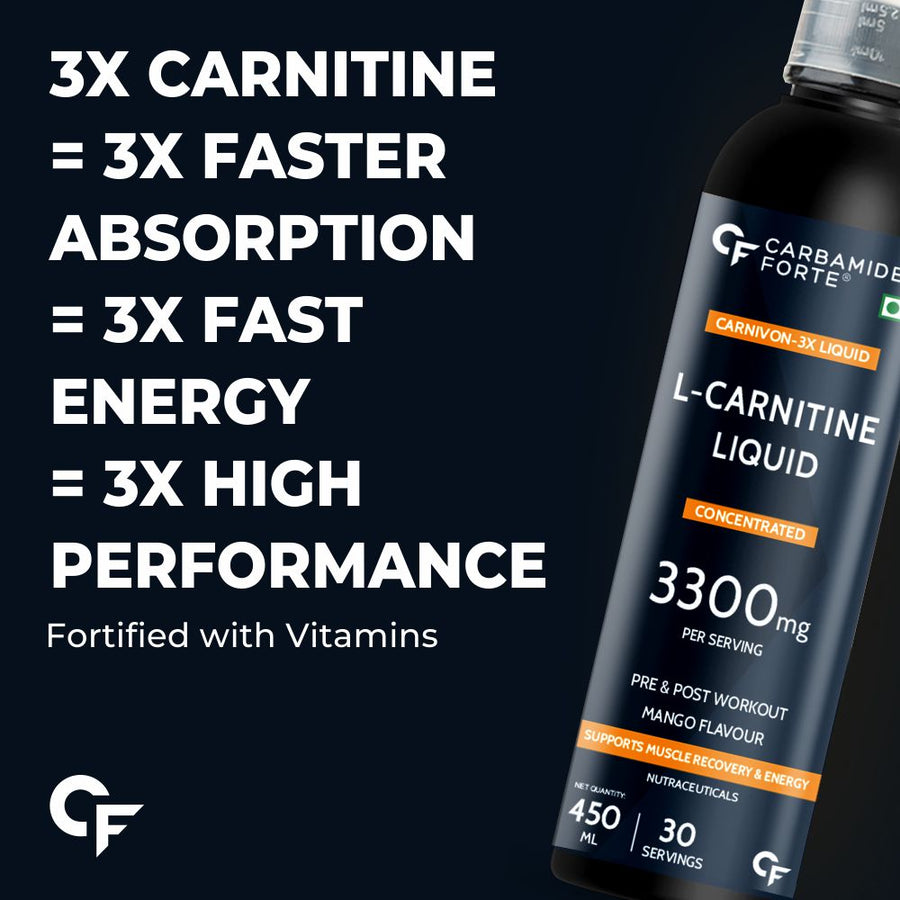 Carbamide Forte L-Carnitine Liquid 3300mg Per Serving with Added Vitamins | L-Carnitine L-Tartrate - Mango Flavour - 30 Servings - 450ml
