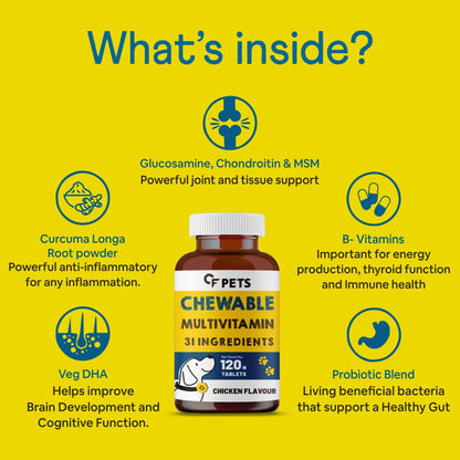 CF Pets Chewable Multivitamin Tablets for Dogs with 23 Essential Vitamins & Minerals for Healthy Skin, Heart, Brain, Digestive System & Joint Function | Chicken Flavour - 120 Tablets