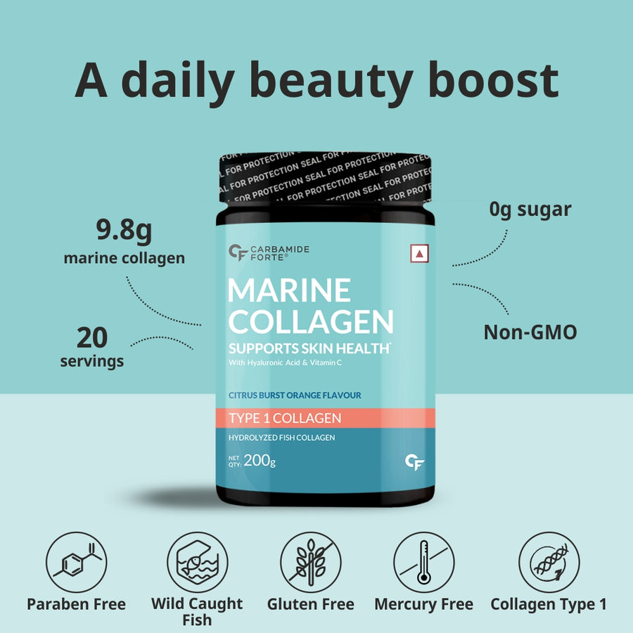 Carbamide Forte Marine Collagen Powder Supplement, 200g Powder |for Skin Fish Collagen Powder for Women & Men
