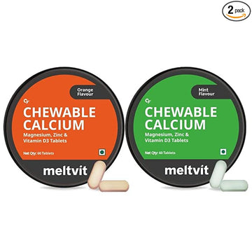 Meltvit Chewable Calcium with Magnesium, Zinc & Vitamin D3 Tablets | Orange & Mint Flavour Combo | 60 Tablets (Pack of 2)