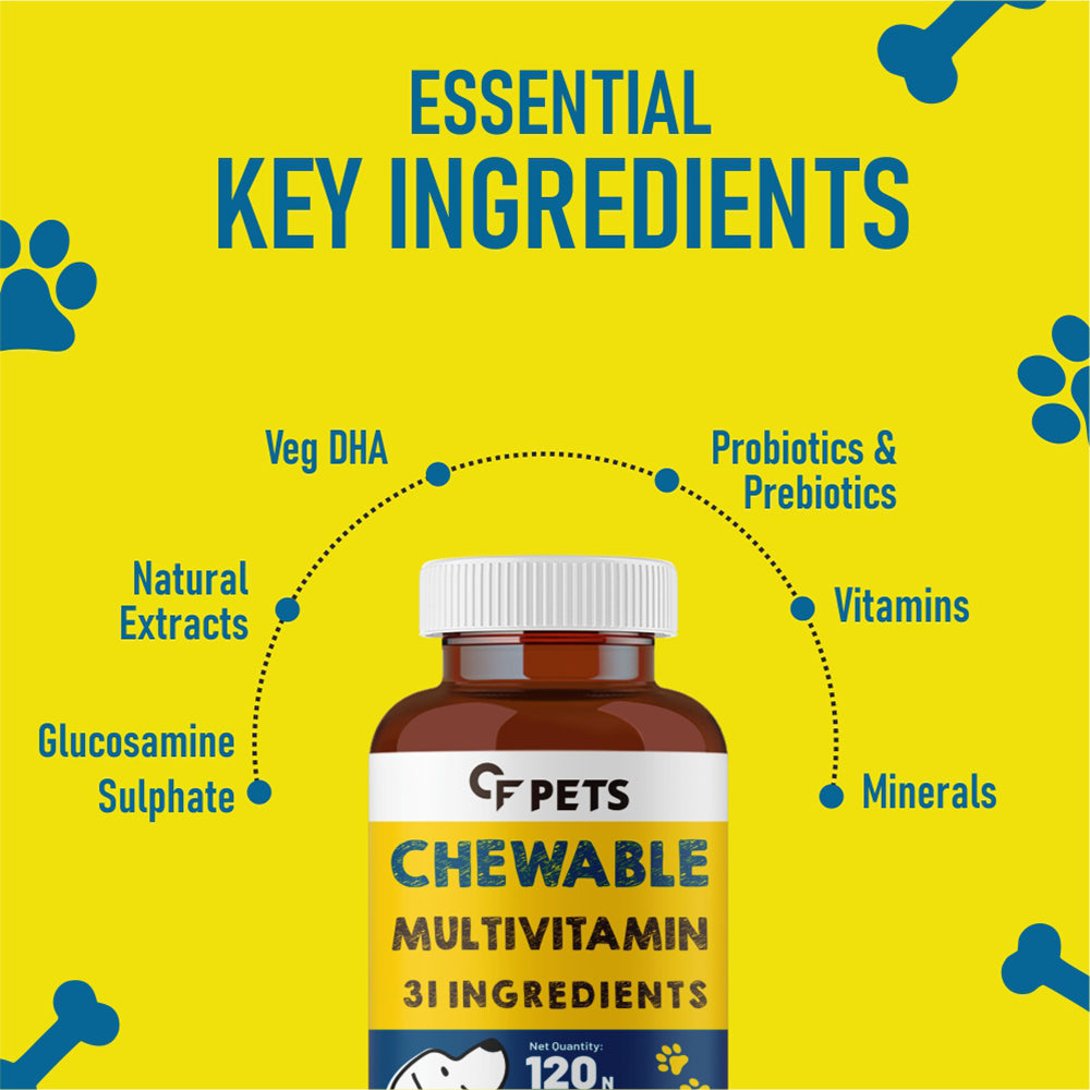 CF Pets Chewable Multivitamin Tablets for Dogs with 23 Essential Vitamins & Minerals for Healthy Skin, Heart, Brain, Digestive System & Joint Function | Chicken Flavour - 120 Tablets