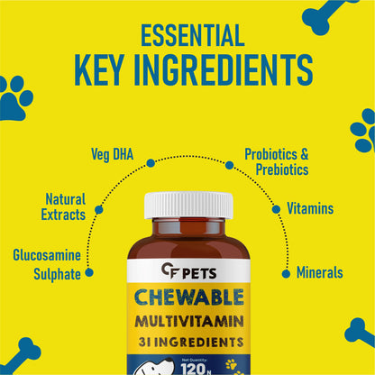 CF Pets Chewable Multivitamin Tablets for Dogs with 23 Essential Vitamins & Minerals for Healthy Skin, Heart, Brain, Digestive System & Joint Function | Chicken Flavour - 120 Tablets