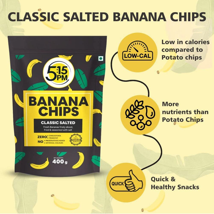 5:15PM Yellow Banana Chips Snacks - Fresh Crispy Banana Wafers Chips | Classic Salted Flavour – 400g Packet