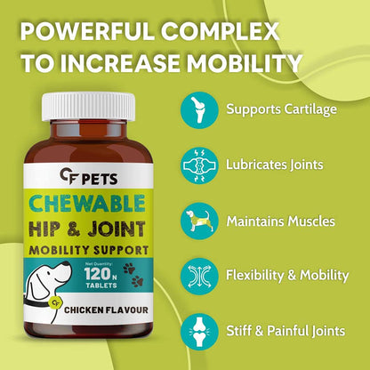 CF Pets Chewable Hip and Joint Tablet with Glucosamine, Chondroitin & MSM - Complete Mobility Support & Joint Support Supplement for Dogs, Puppy and Cats | Chicken Flavour - 120 Tablets