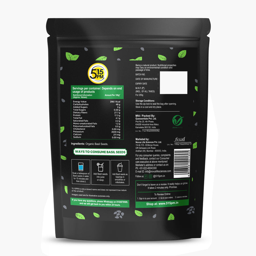 5:15PM Basil Seeds 250g | 100% Organic Raw Basil Seeds for Weight Loss |Tukmaria Seeds| Sabja Seeds for Eating|Falooda Seeds – 250g