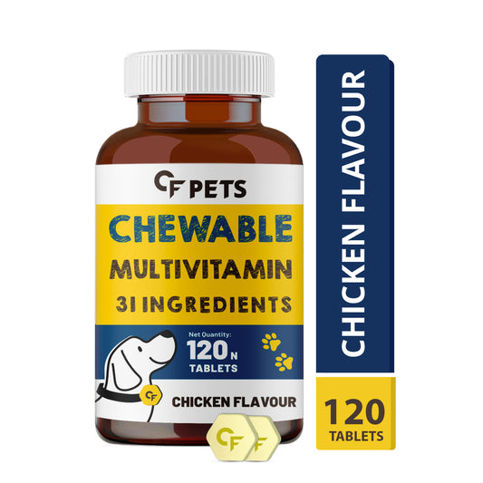 CF Pets Chewable Multivitamin Tablets for Dogs with 23 Essential Vitamins & Minerals for Healthy Skin, Heart, Brain, Digestive System & Joint Function | Chicken Flavour - 120 Tablets
