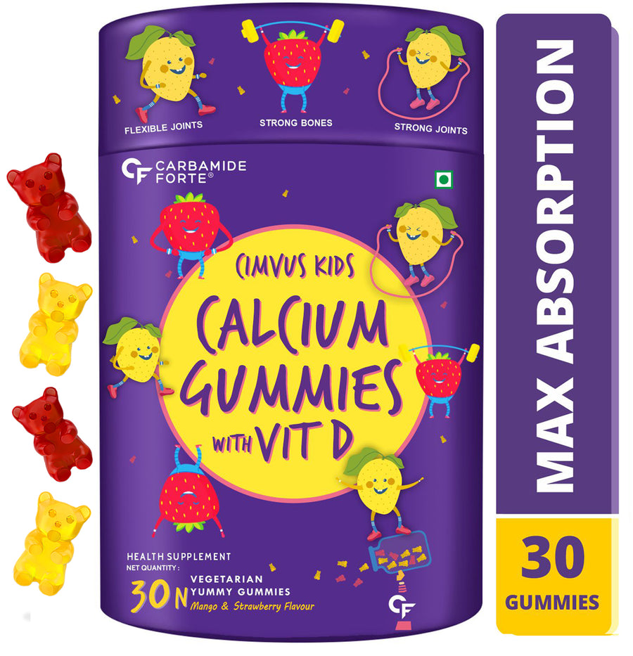 Carbamide Forte Calcium with Vitamin D Gummies for Kids | Calcium Gummies for Kids for Stronger Bones, Joints & Teeth & Immunity - Mango & Strawberry Flavour - 30 Veg Gummies