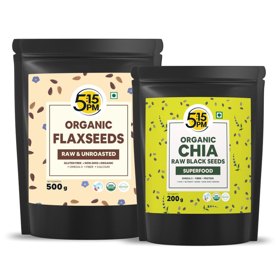 5:15PM Organic Chia Seeds & Flaxseeds Combo - Raw Unroasted Black Chia Seeds(200g) & Raw & Unroasted Flax Seeds for Eating(500g)