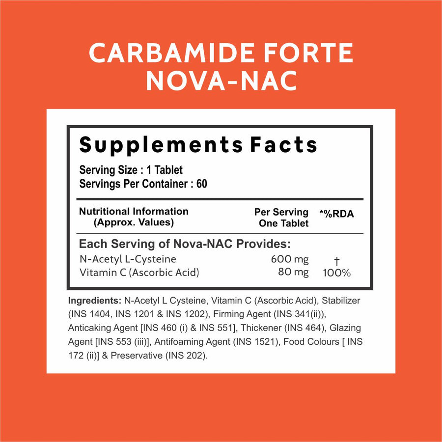 Carbamide Forte N Acetyl Cysteine 600mg Supplements with Vitamin C 80mg | NAC Supplement  - 60 Veg Tablets