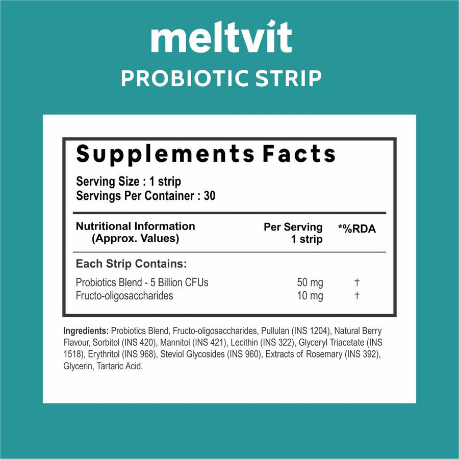 MELTVIT Probiotics 5 Billion with Prebiotics | Probiotics Supplement for Women & Men - 30 Veg Strips