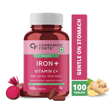 Carbamide Forte Iron + Vitamin C + Folic Acid Supplement | Fast Acting – Pack of 100 Tablets