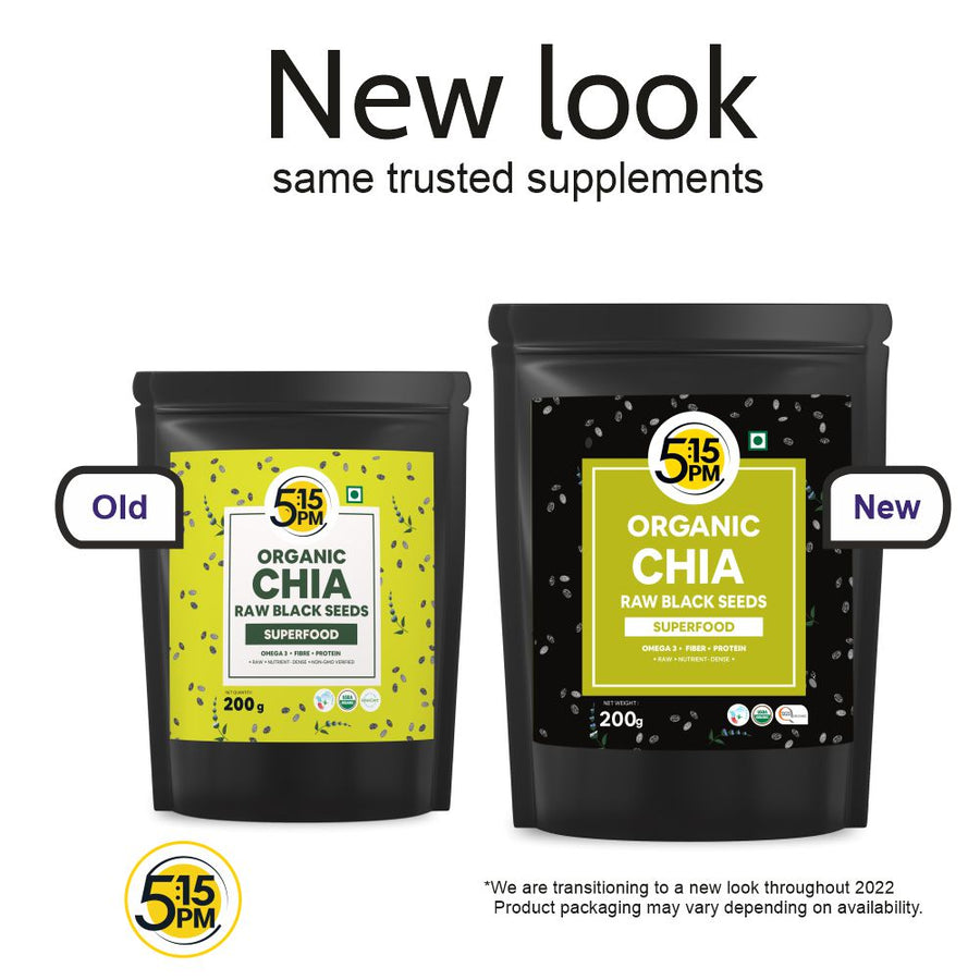 5:15PM Certified Organic Chia Seeds - Raw Unroasted Black Chia Seeds for Eating with Omega 3 and Fiber for Weight Loss Management - 200g